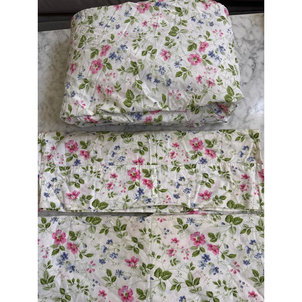 Laura Ashley Full Fitted Sheet & 2 Standard Pillowcases Floral 100% Cotton Pink